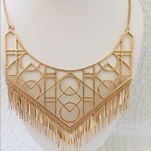 Gold bib geometric choker necklace jewelry set - Picture 2 of 3